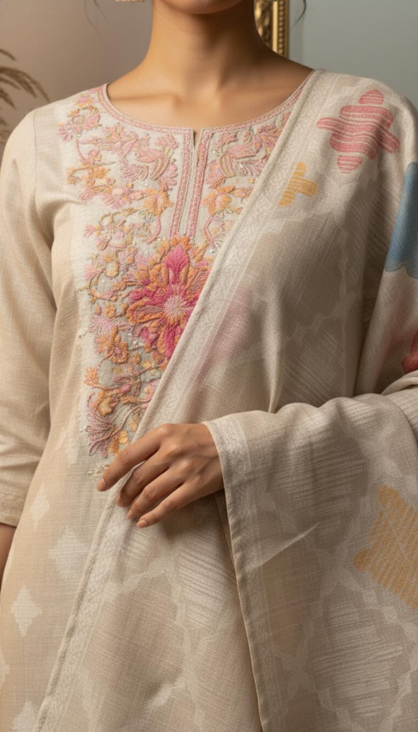 Elegant Embroidered Linen Kurta Set with Diamond Weave Dupatta