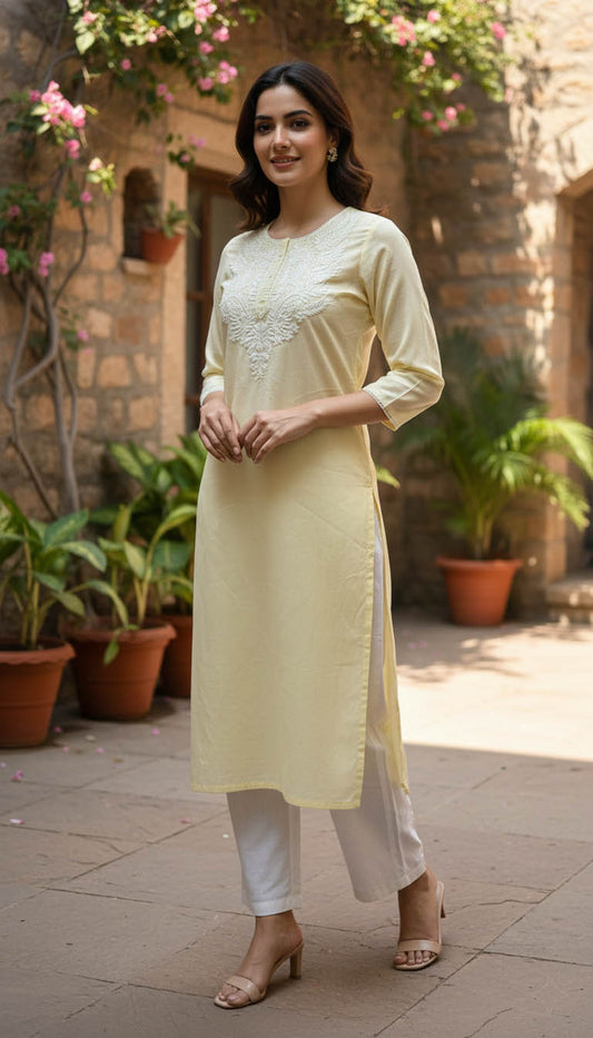 Yellow Cotton Straight Fit  Kurta