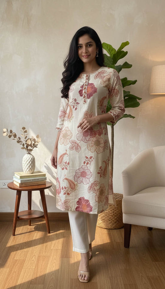 Coral Floral Printed Kurta Set