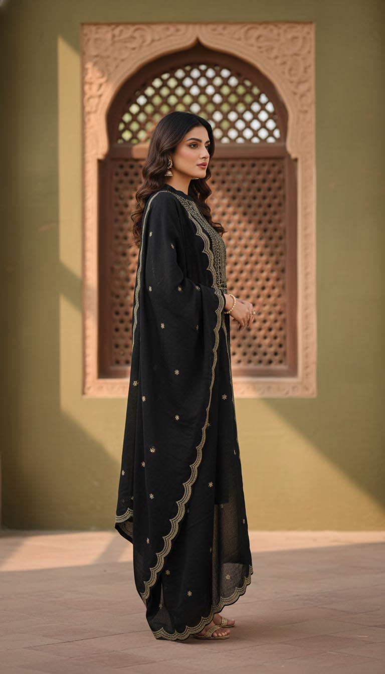 Luxury Black Velvet Foil Print Kurta Set with Dupatta