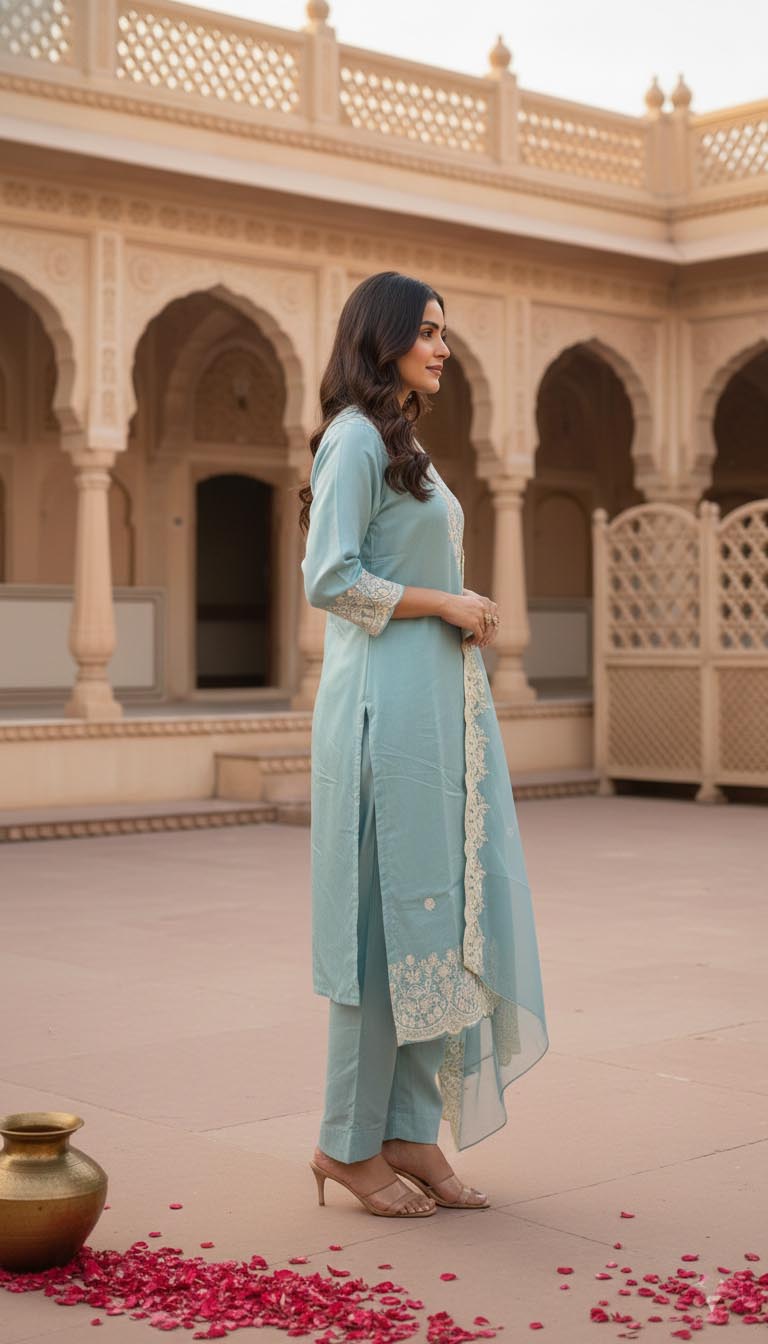 Elegant  Aqua  Embroidered Kurta with pant and Dupatta