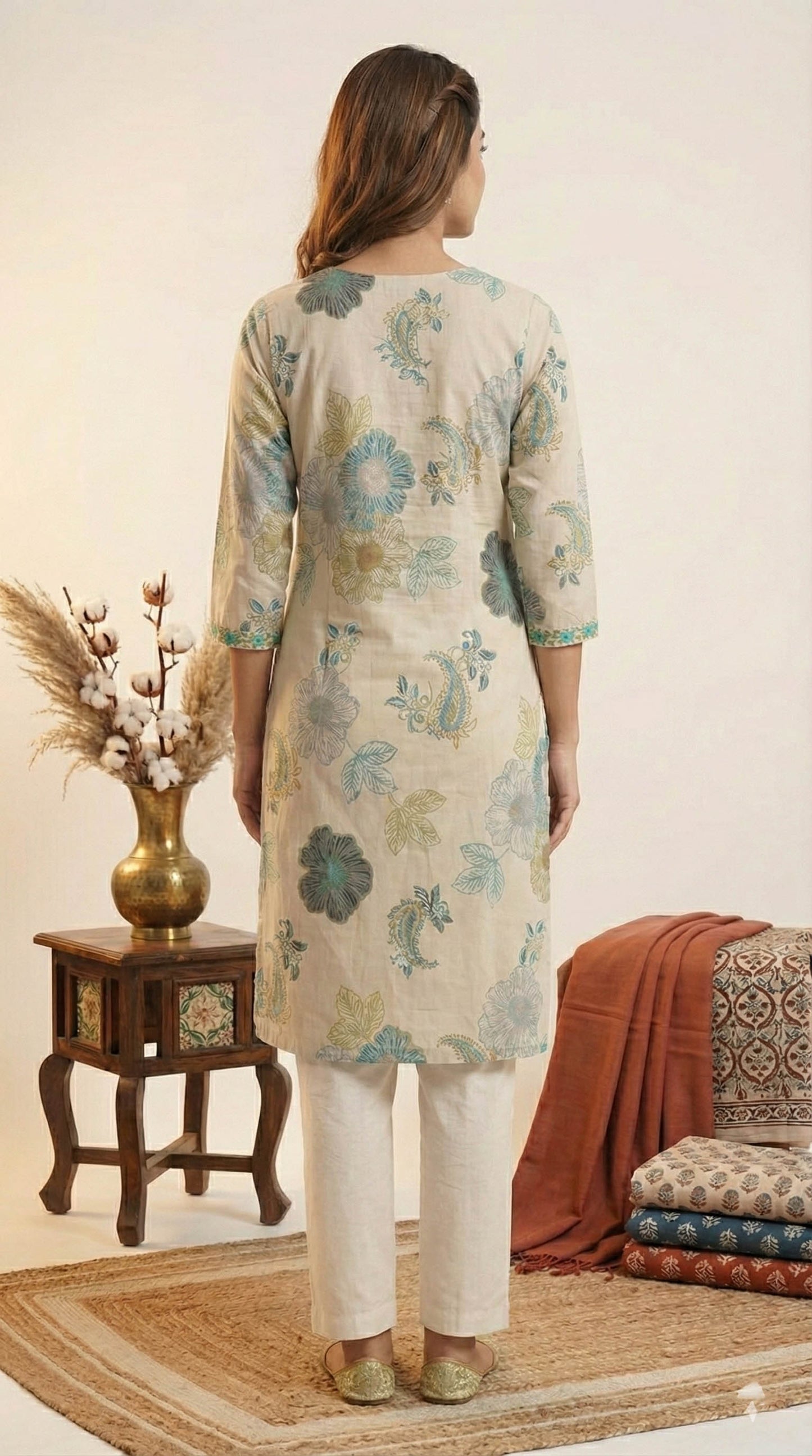 Turquoise blue Vatican Floral Print Straight Kurta With pant