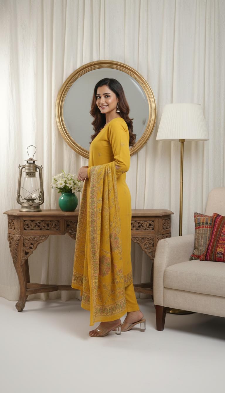 Mustard Yellow Floral Embroidered Cotton Kurta Set