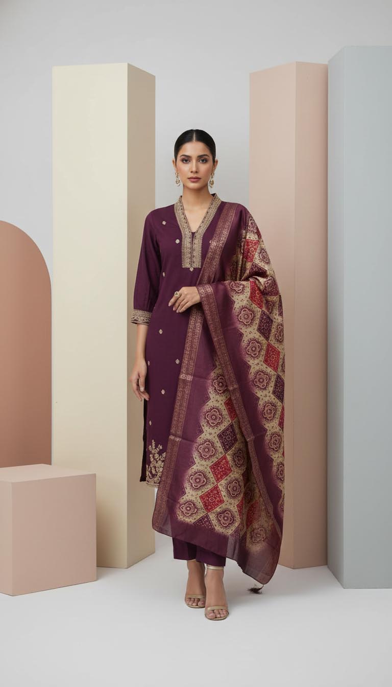 Purple Embroidered Kurta  Set with Banarasi Dupatta