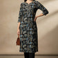 Printed Straight Kurta – Black & Blue Abstract Motif