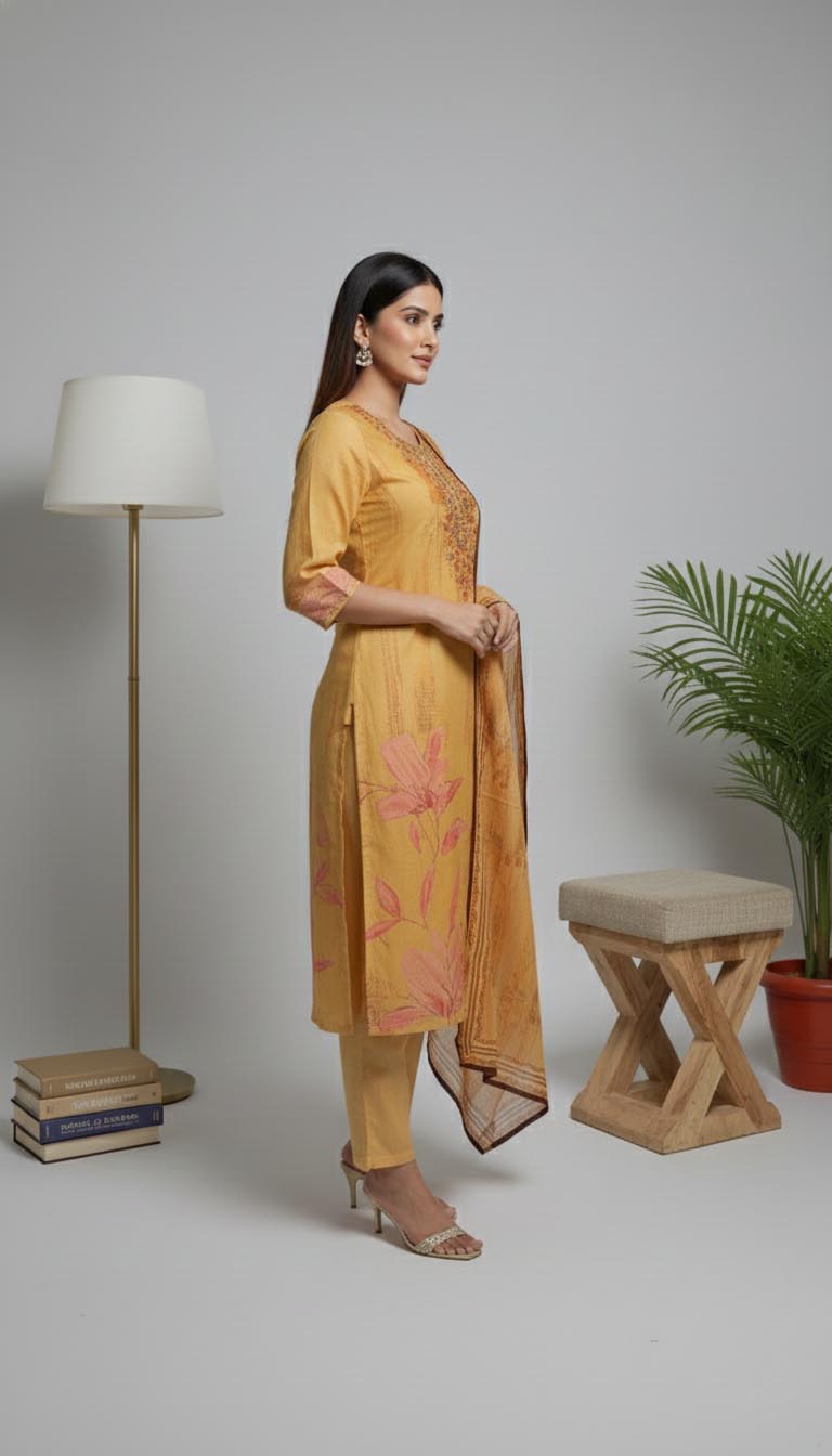 Mustard Floral Printed Cotton Kurta Set
