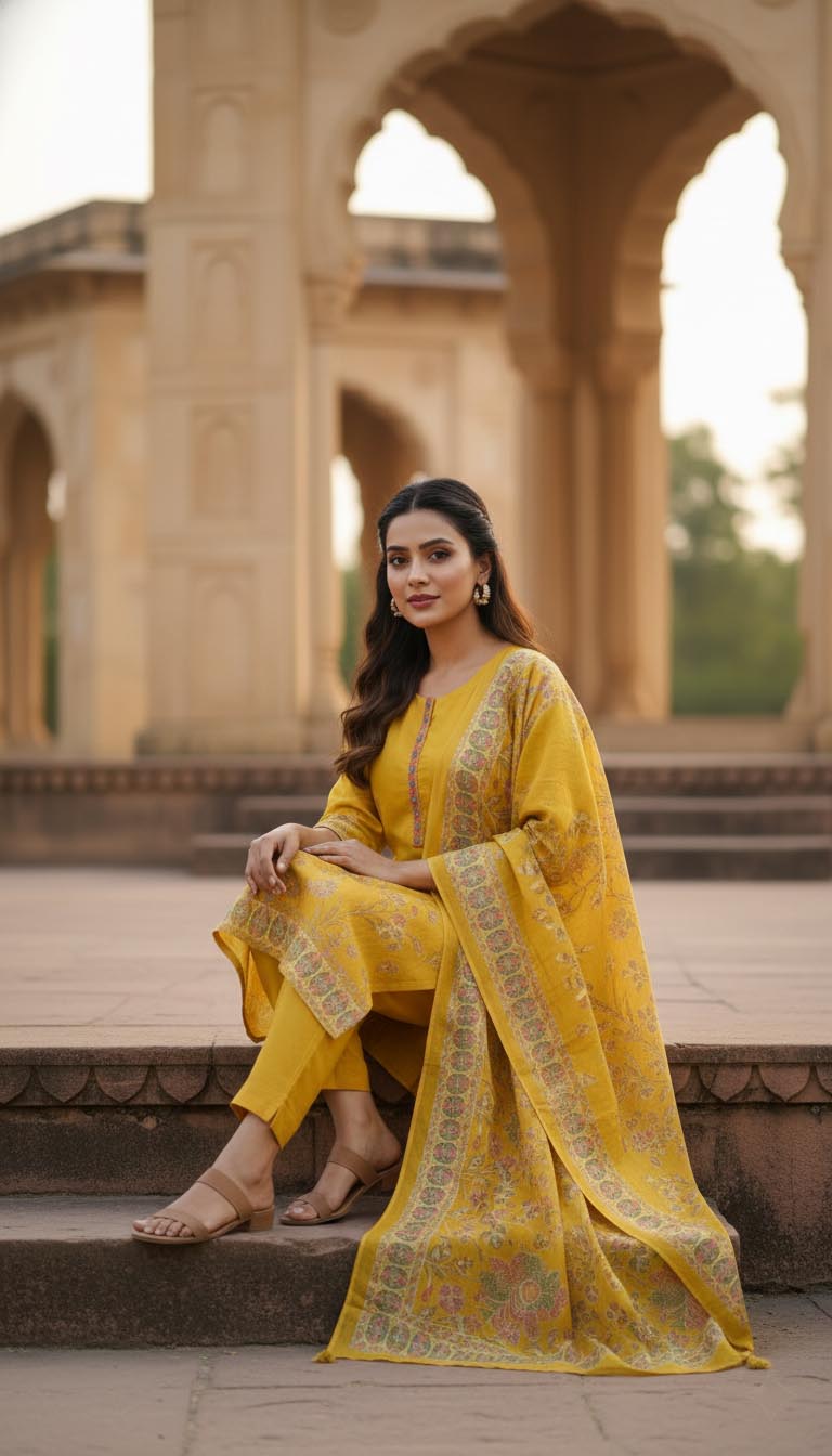 Mustard Yellow Floral Embroidered Cotton Kurta Set