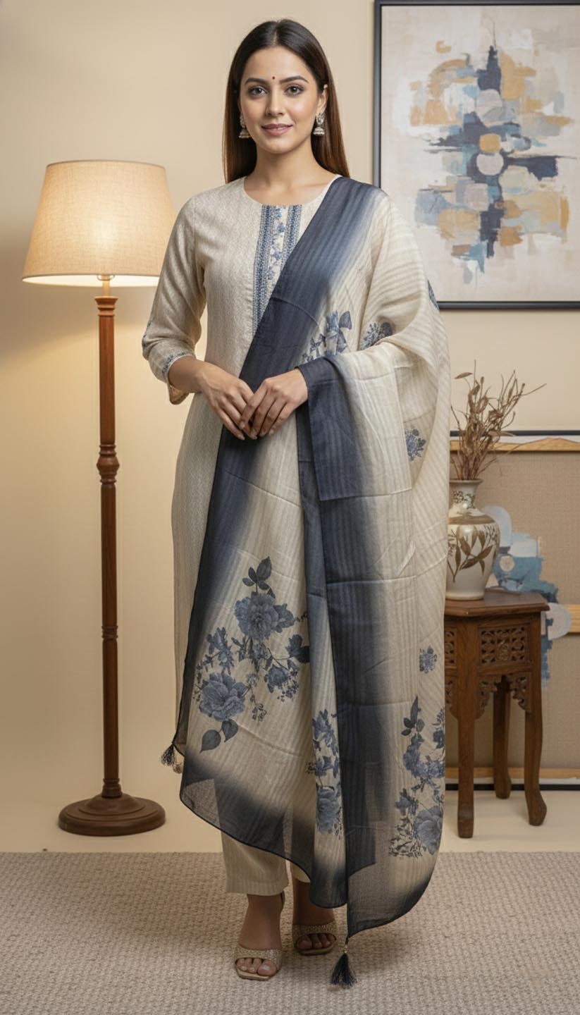 Elegant Blue Floral Printed Kurta  Set with Dupatta
