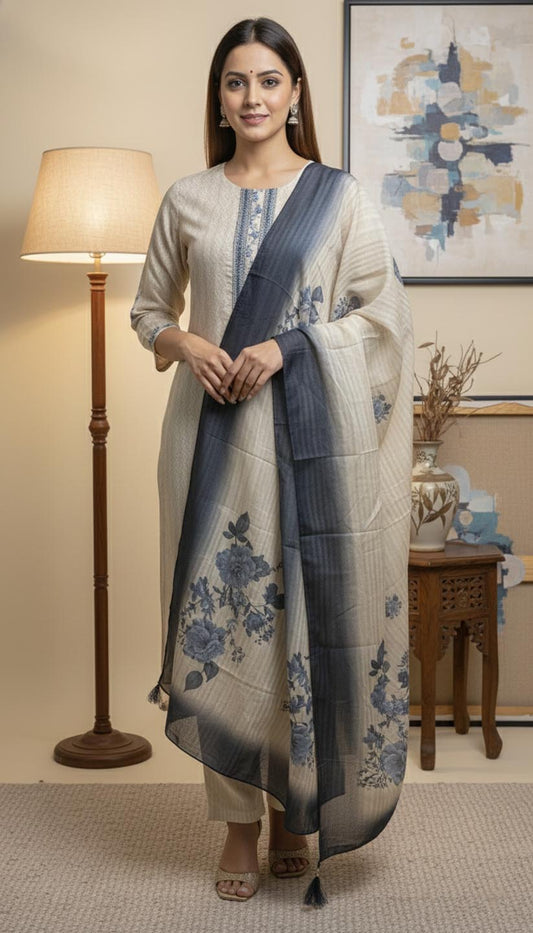 Elegant Blue Floral Printed Kurta  Set with Dupatta