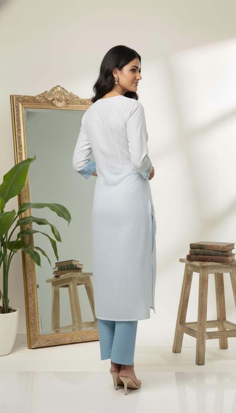 Elegant White & Blue  Cotton Kurta Set with Dupatta