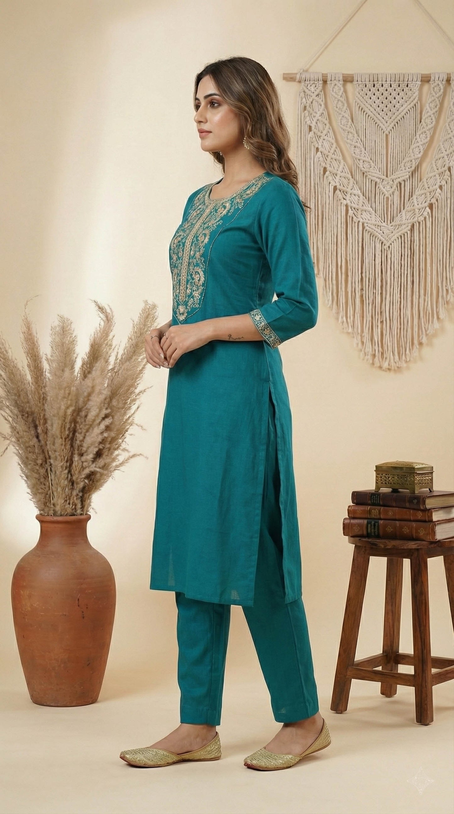 Turquoise Blue  Viscose Blend Kurta with pant