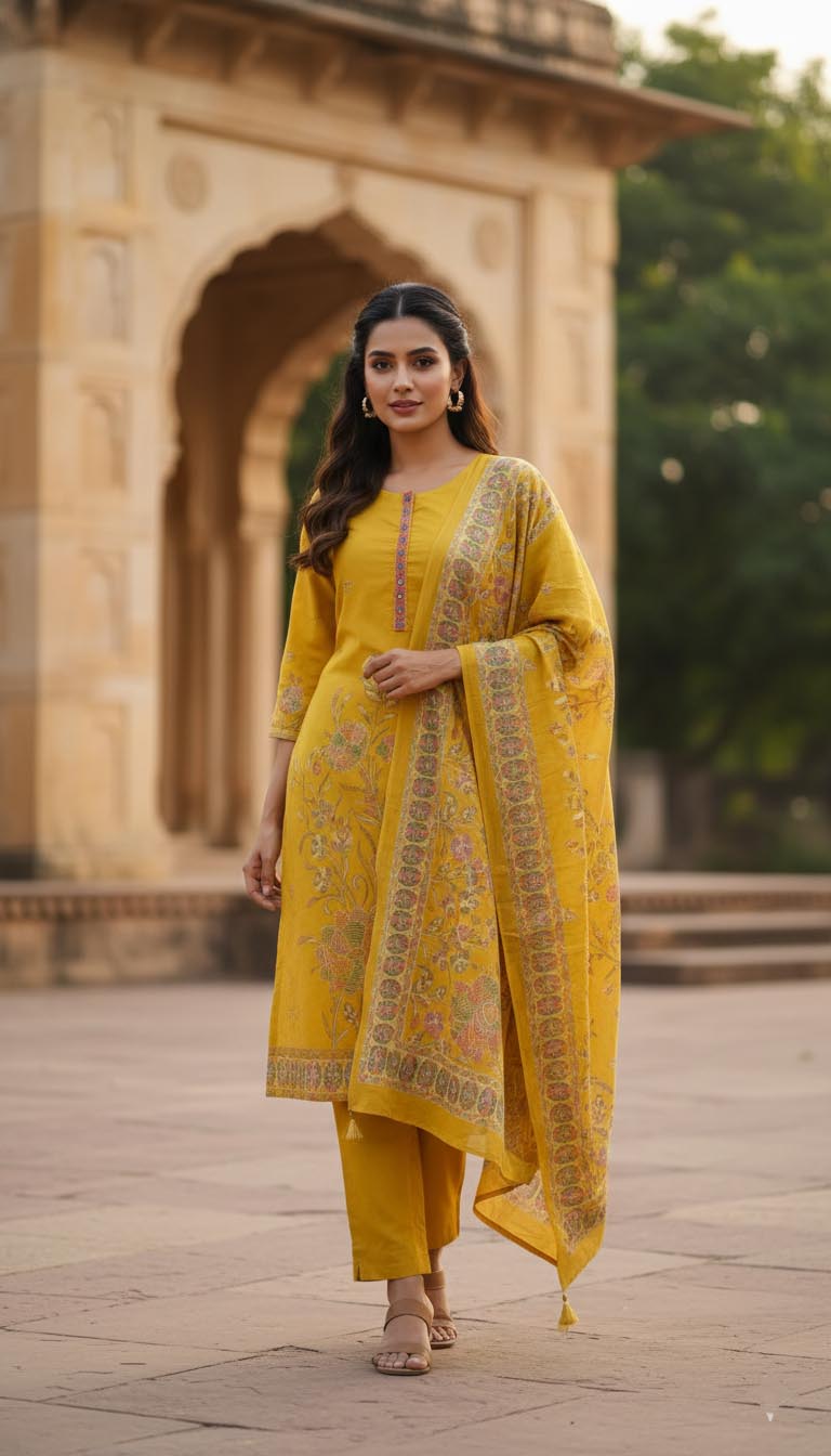 Mustard Yellow Floral Embroidered Cotton Kurta Set