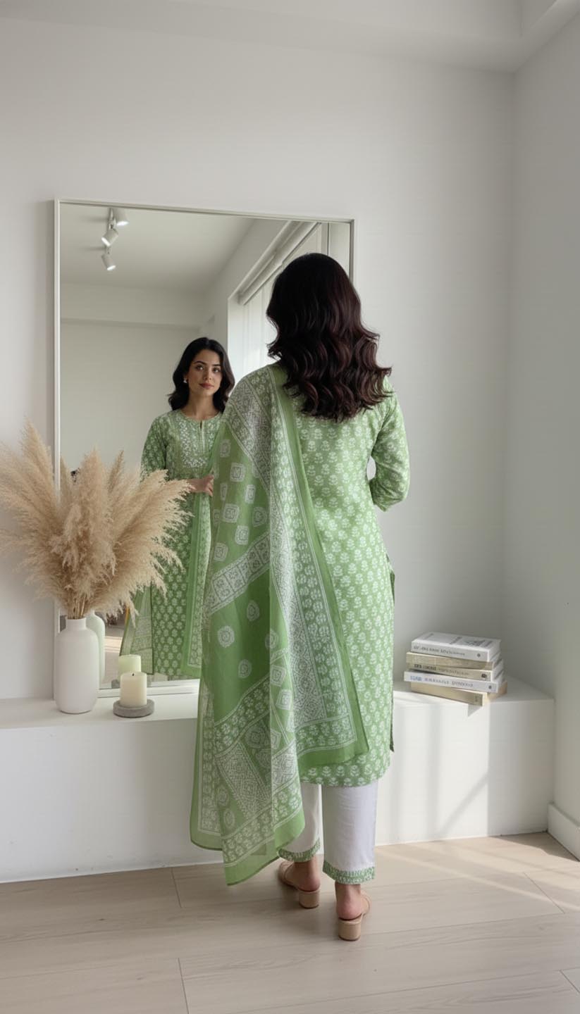 Elegant Green Printed Embroidered Kurta Set with Pant and Dupatta