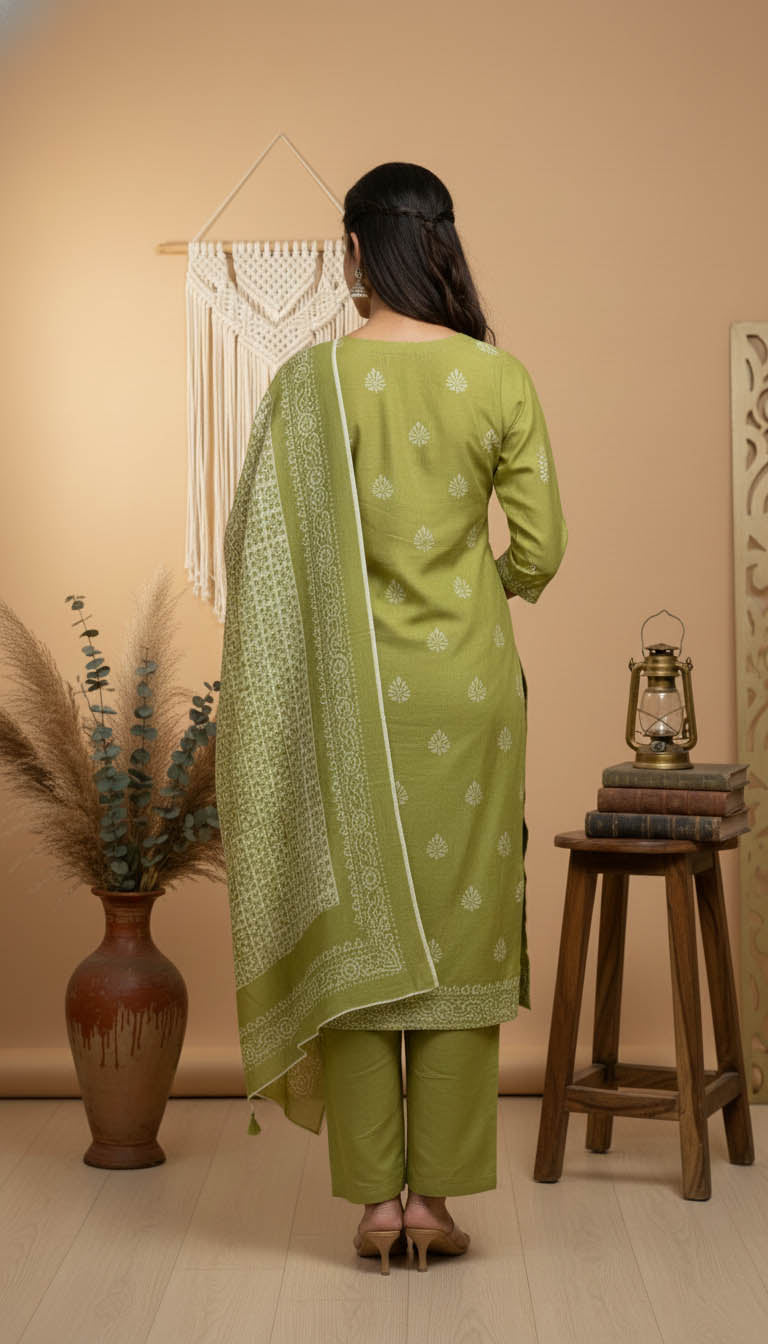 Olive Green Linen Kurta Set with Elegant Embroidery