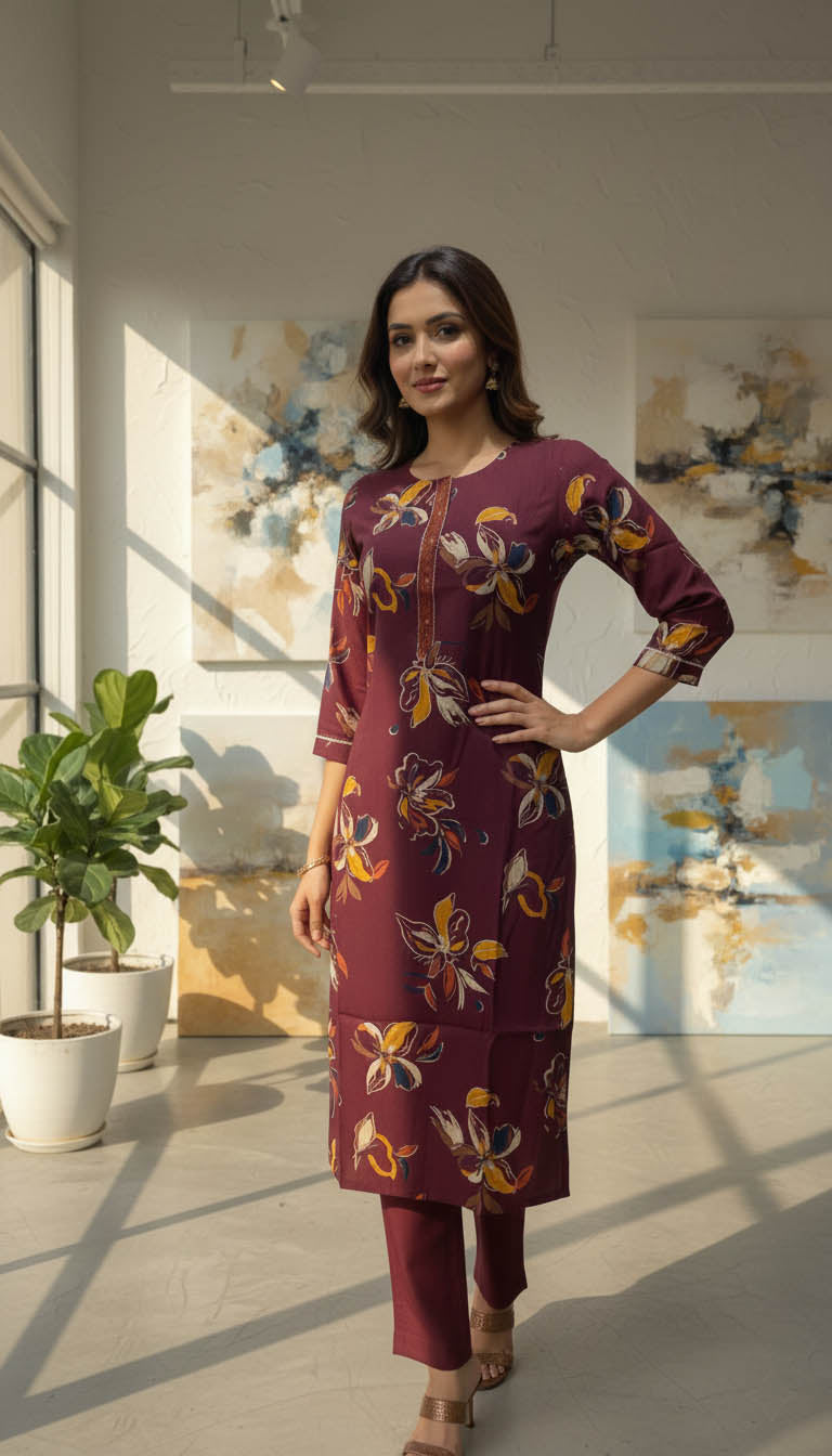 Maroon Floral  Viscose Blend Printed Kurta