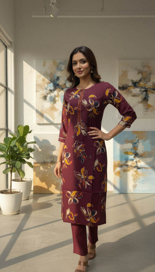 Maroon Floral  Viscose Blend Printed Kurta