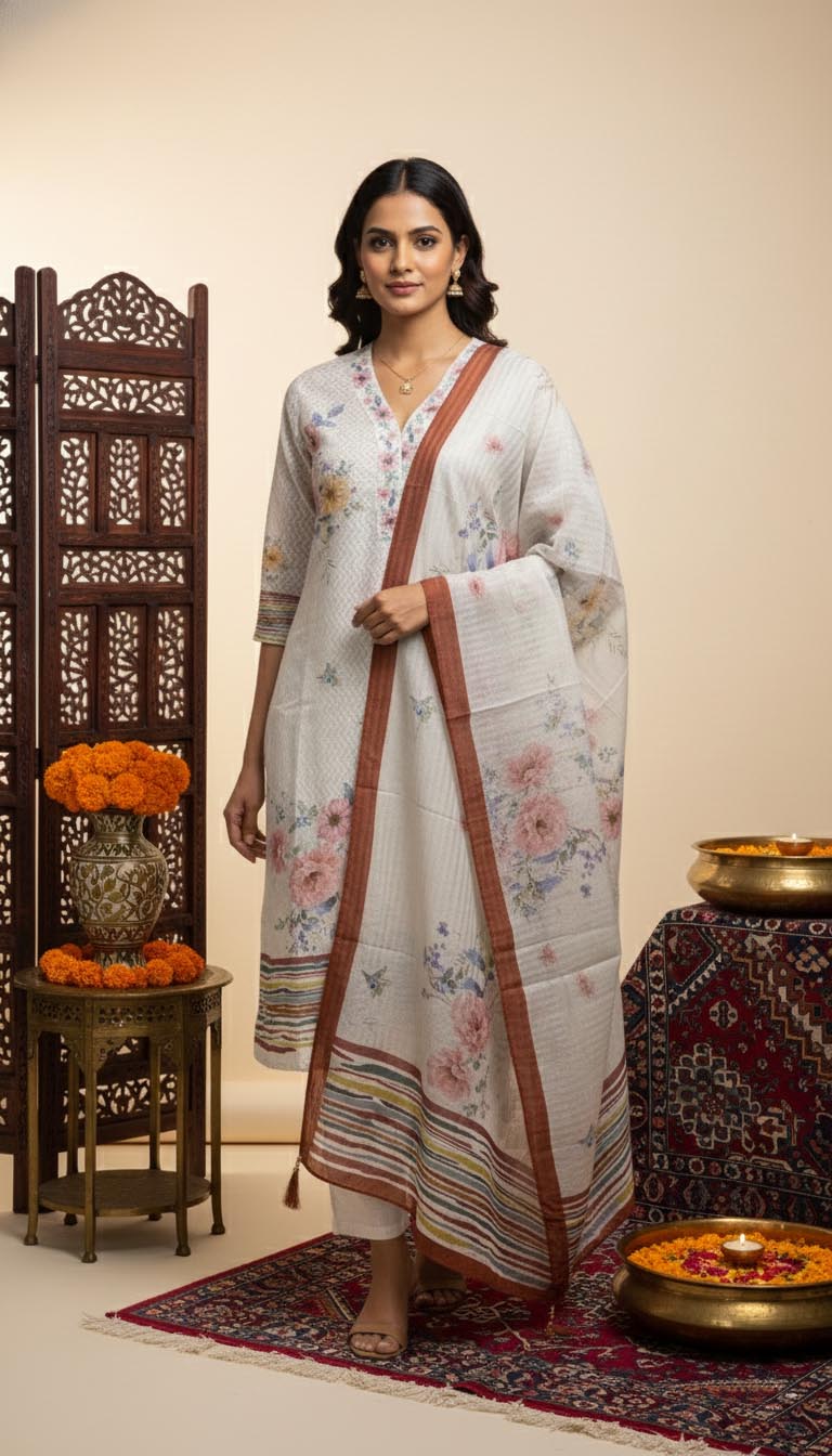 Elegance in Bloom – White Floral Printed Kurta Set with Dupatta