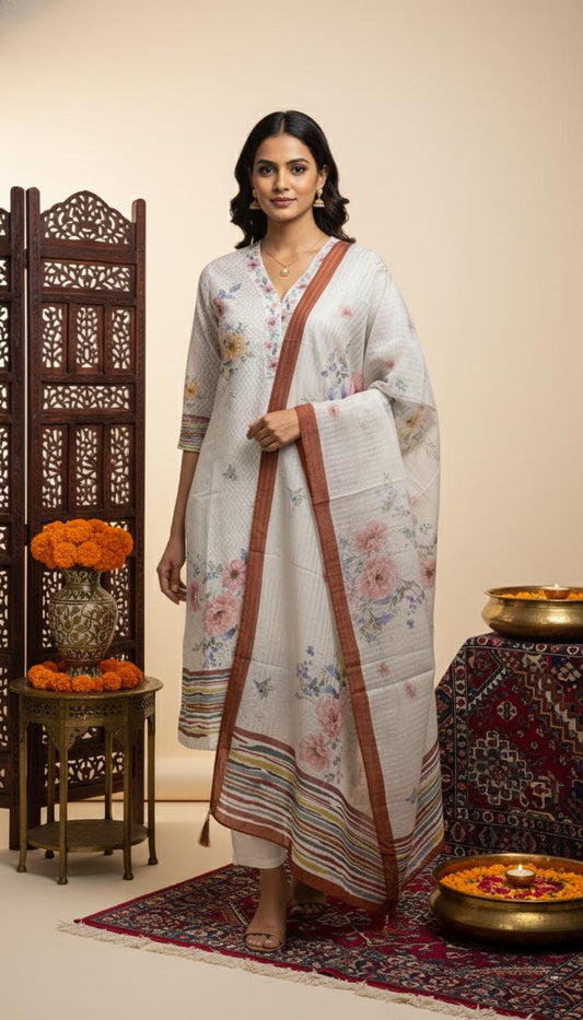 Elegance in Bloom – White Floral Printed Kurta Set with Dupatta