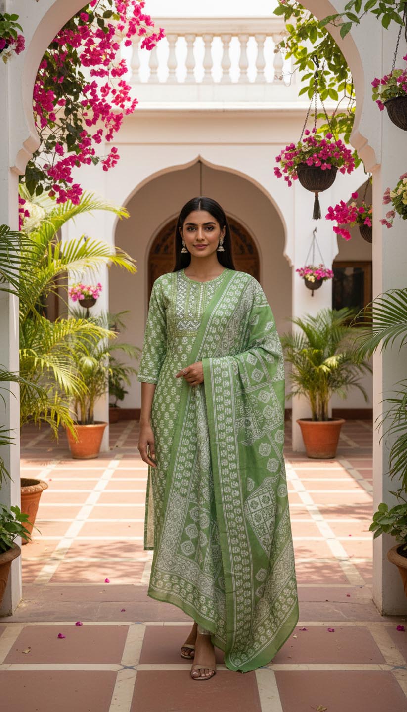 Elegant Green Printed Embroidered Kurta Set with Pant and Dupatta