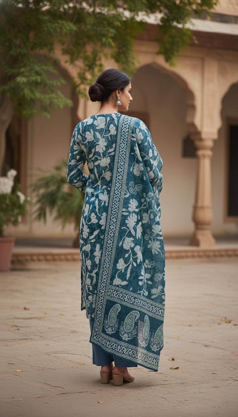 Elegant Teal & White Floral Printed Cotton Suit Set
