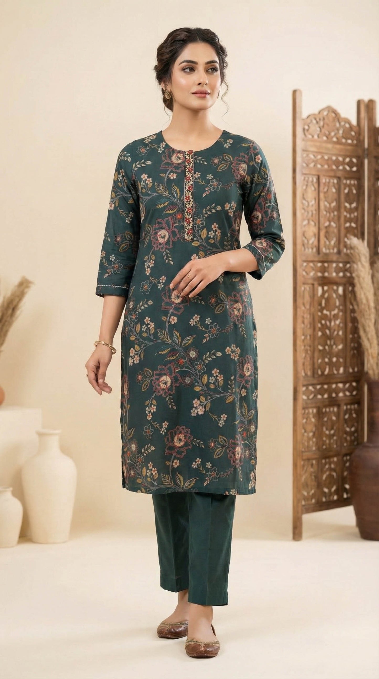 Teal Blue Floral Casual Kurta With Pant