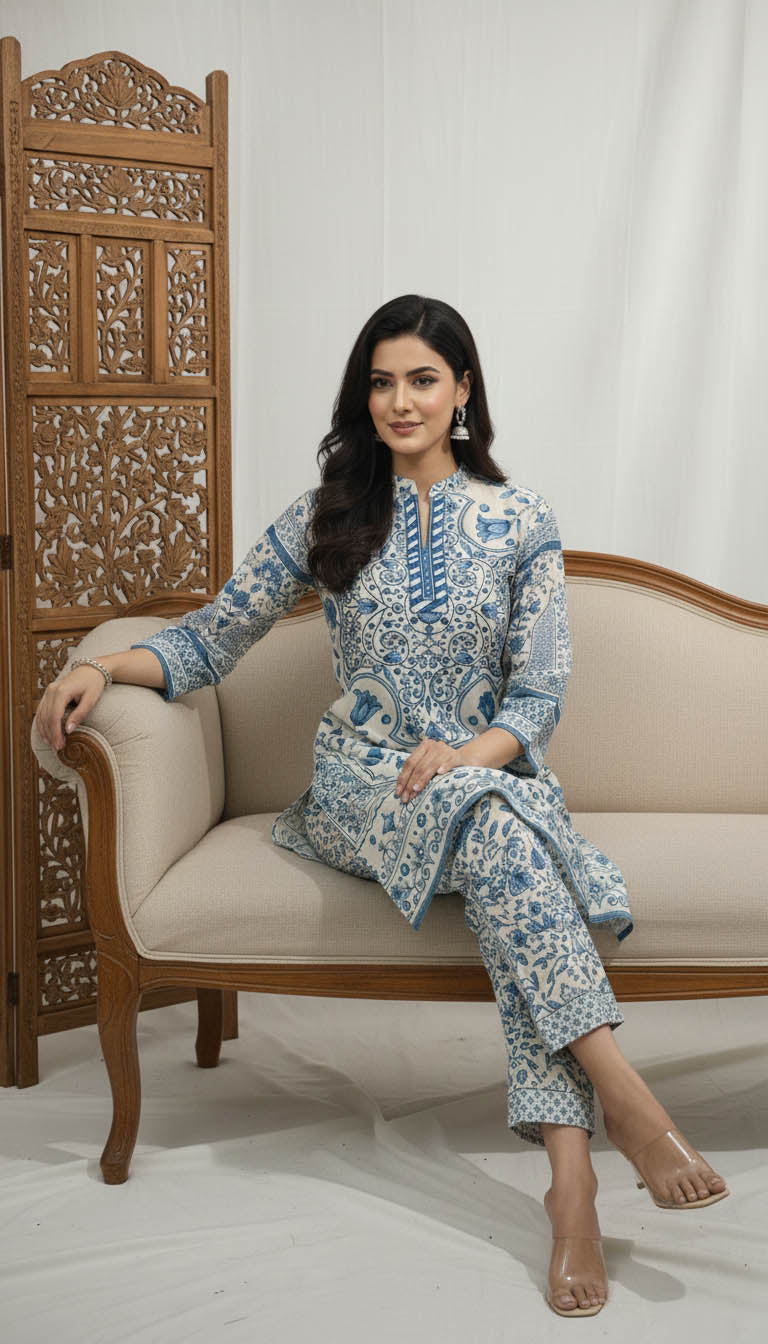 Blue & White Printed Kurta Set