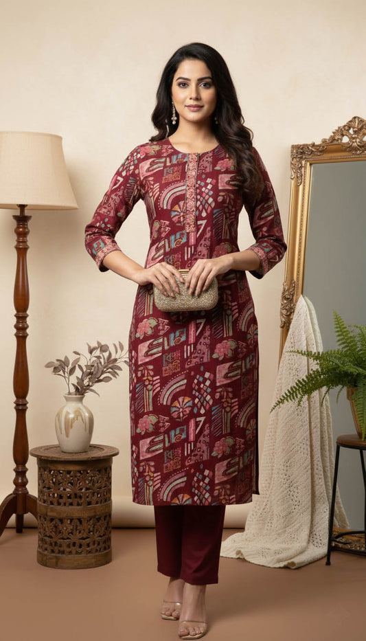 Maroon Floral Viscose Blend Printed Kurta