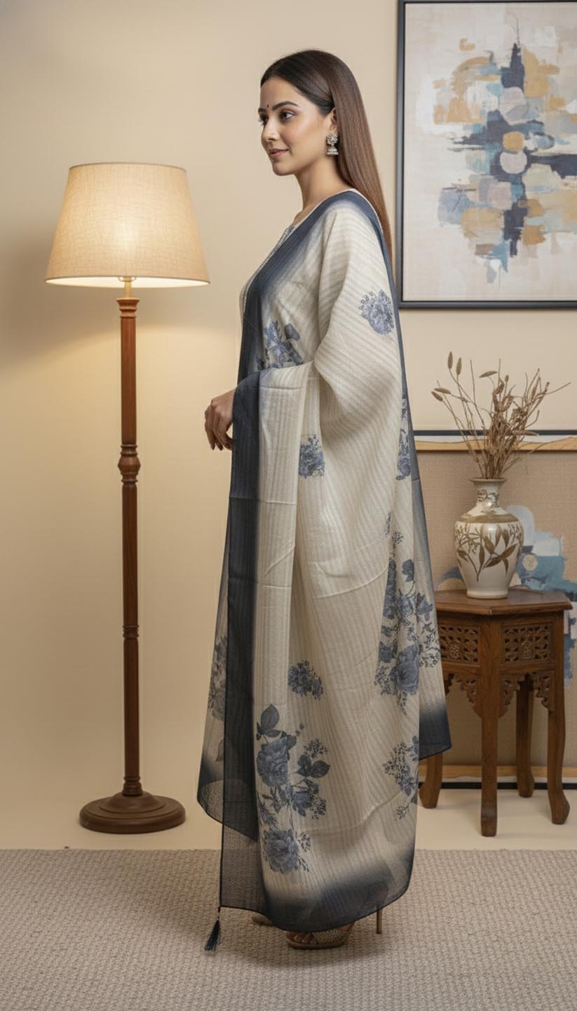 Elegant Blue Floral Printed Kurta  Set with Dupatta
