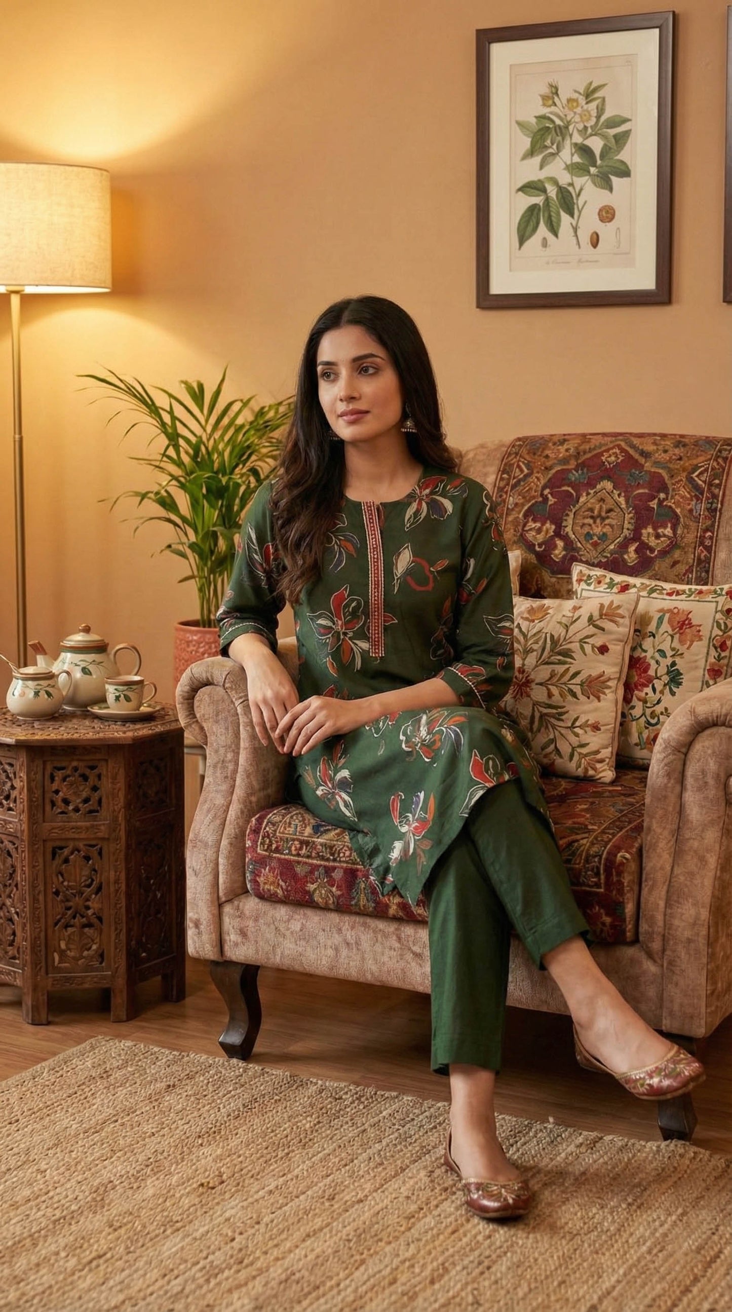 Green Floral Printed Kurta with pant