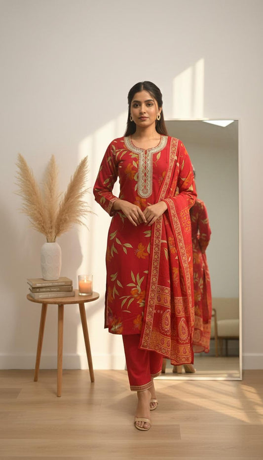 Elegant Floral Embroidered Kurta Set with Dupatta