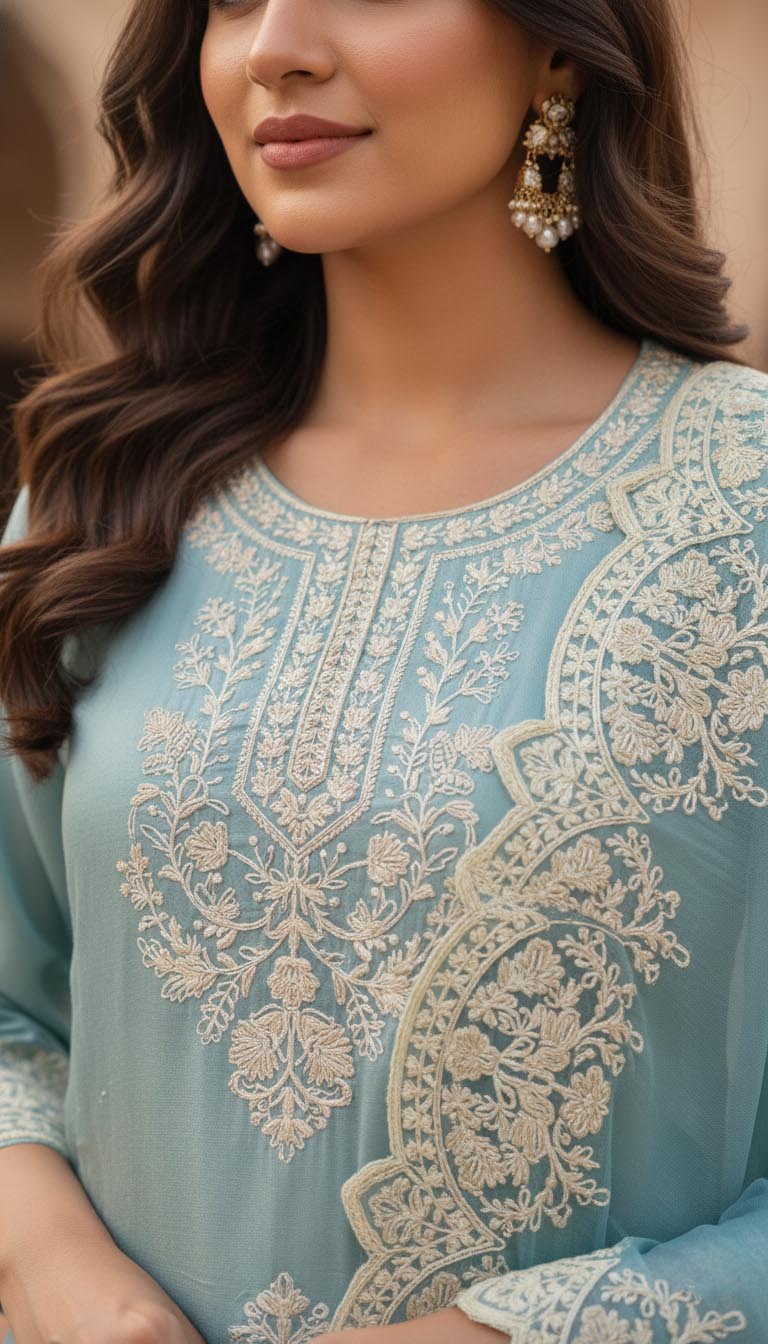 Elegant  Aqua  Embroidered Kurta with pant and Dupatta