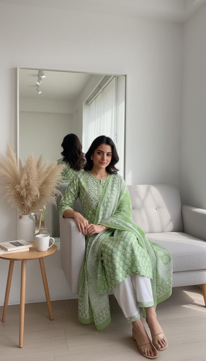 Elegant Green Printed Embroidered Kurta Set with Pant and Dupatta