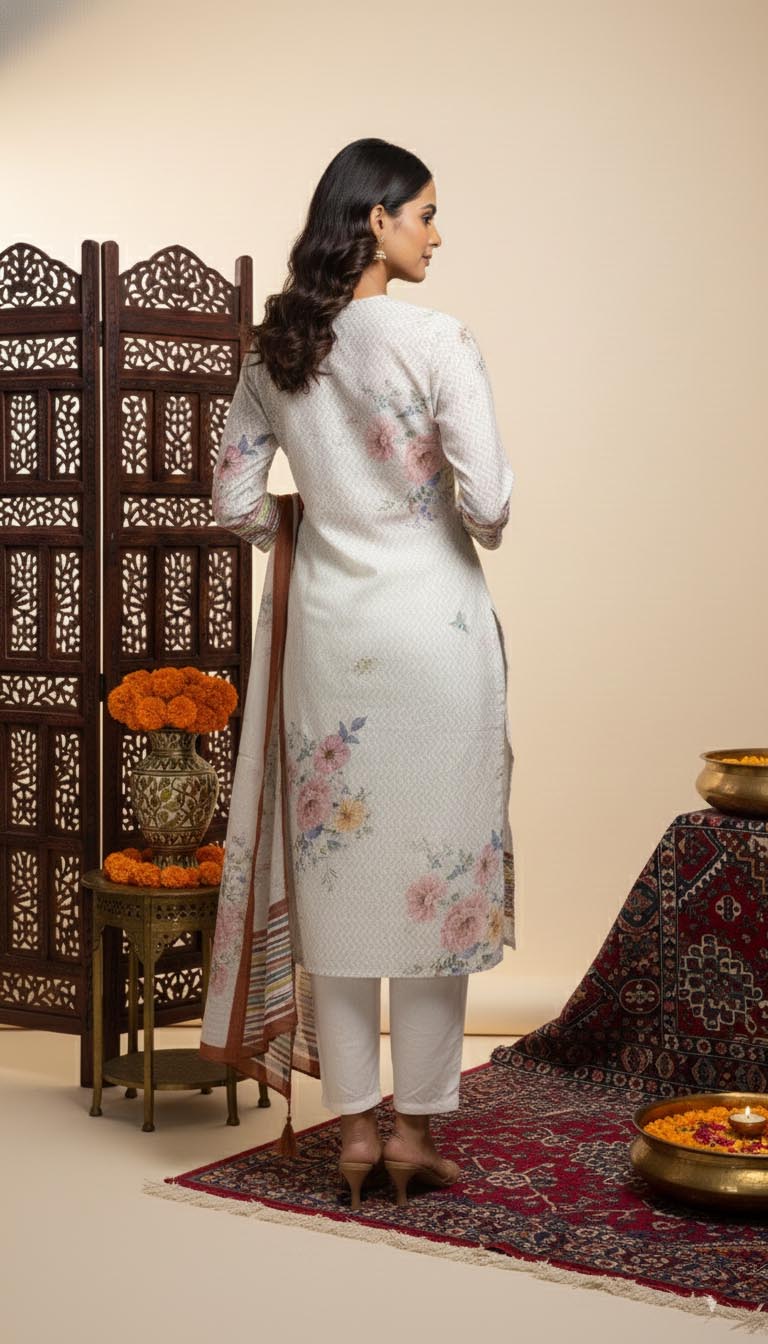 Elegance in Bloom – White Floral Printed Kurta Set with Dupatta
