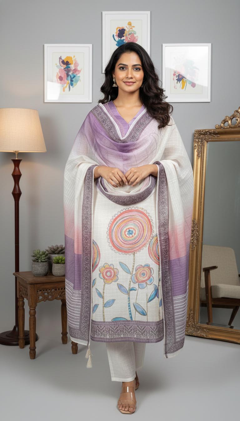 Elegant White & Lavender Floral Printed Kurta Set