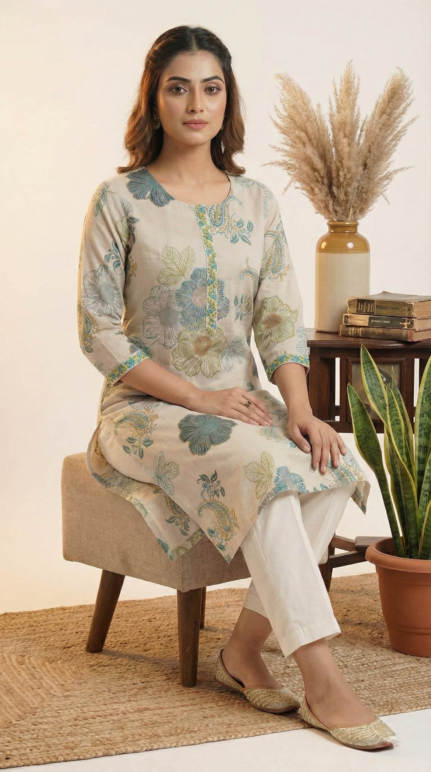 Turquoise blue Vatican Floral Print Straight Kurta With pant