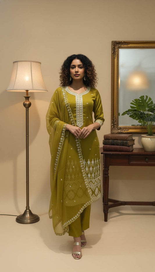 Olive Green  Viscose Blend Embroidered Kurta Set
