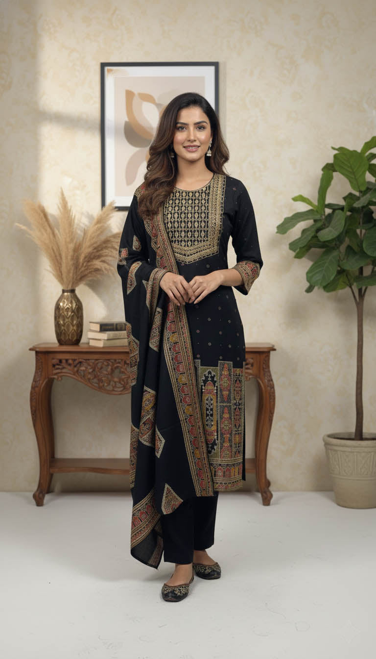 Elegant Black Ethnic Kurta Set with Intricate Printed Borders & Dupatta
