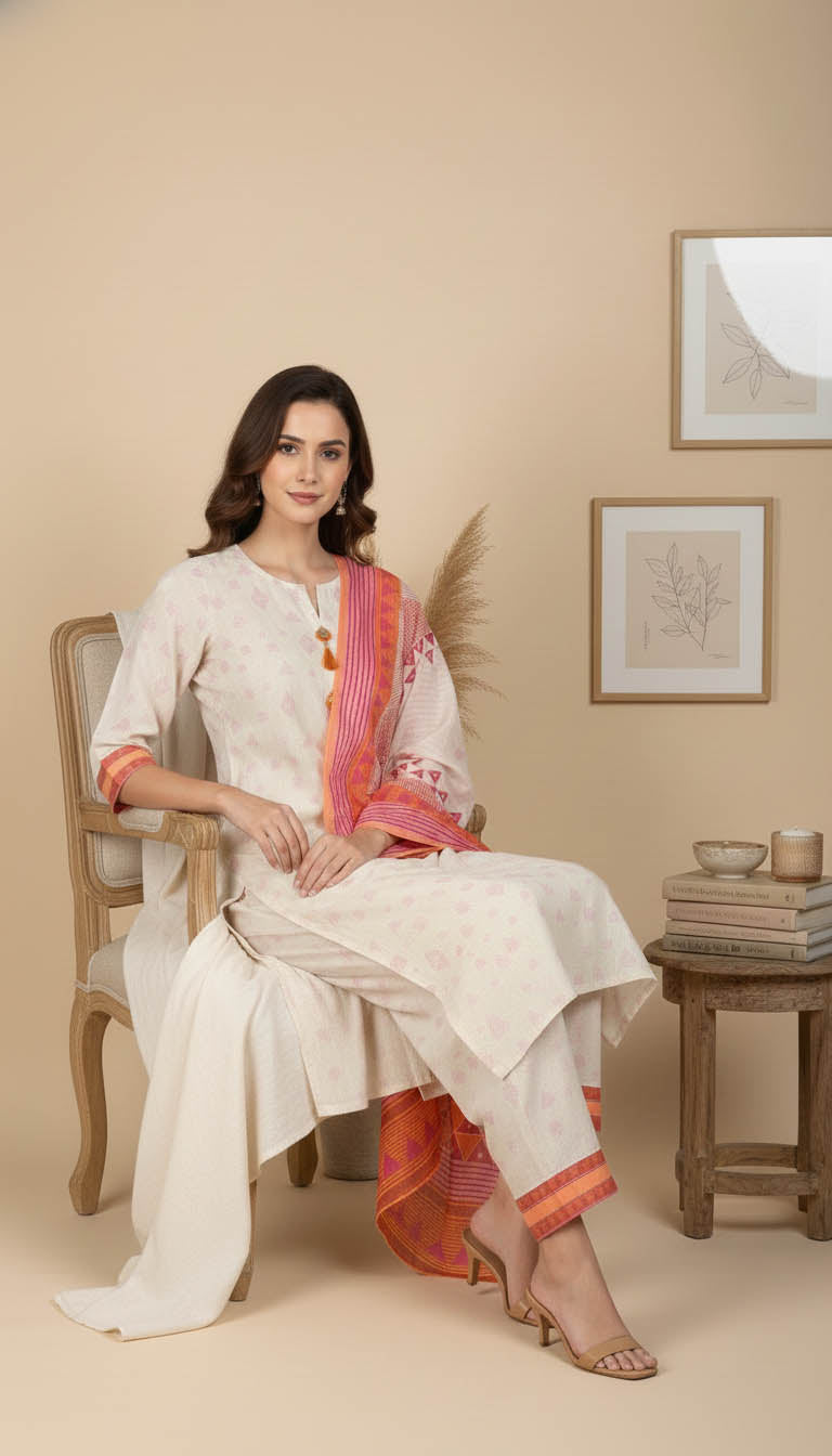 Peach Cotton Blend Printed Kurta Set with Dupatta