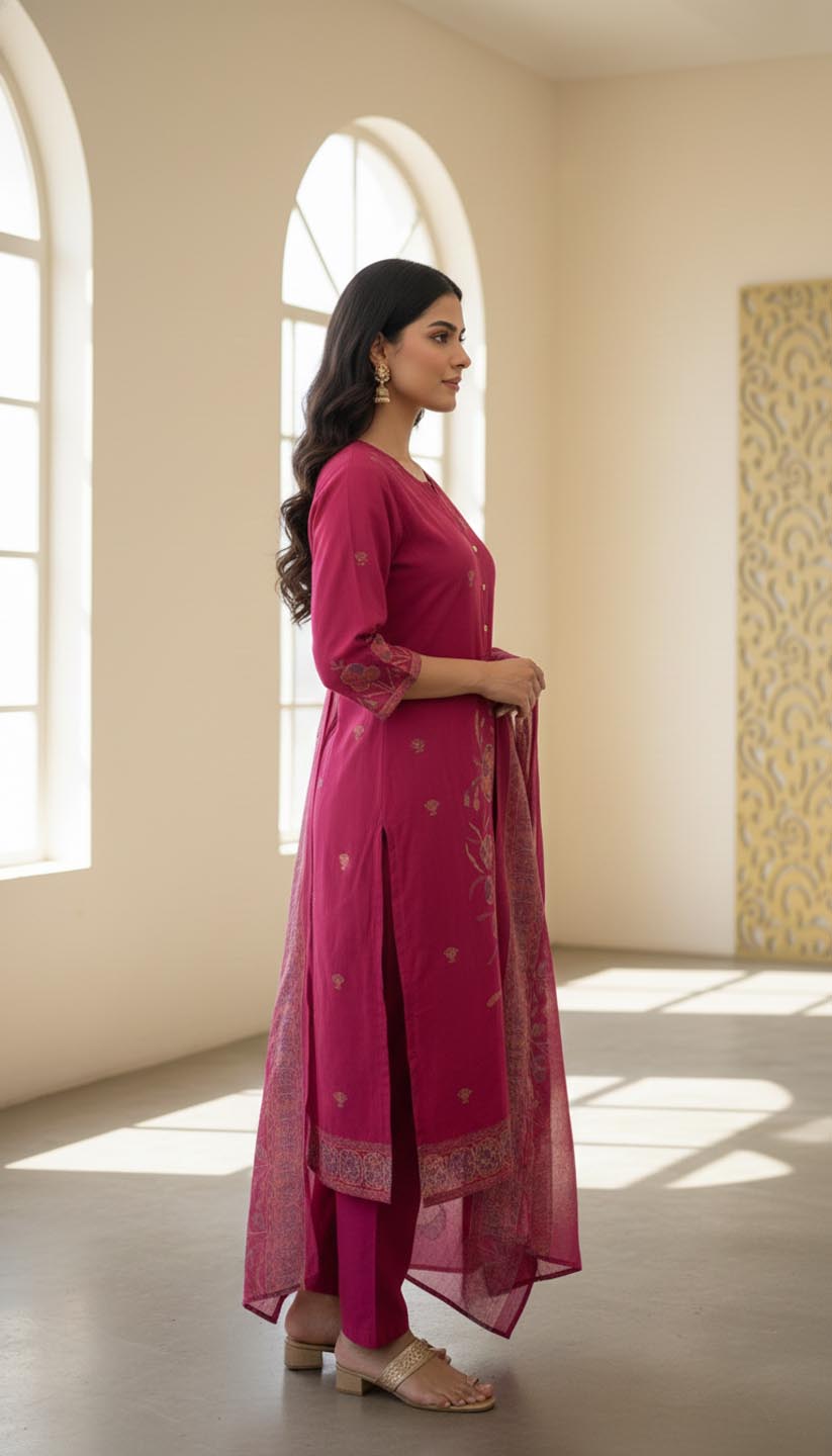 Fuchsia Embroidered Straight Kurta with Trousers & Dupatta