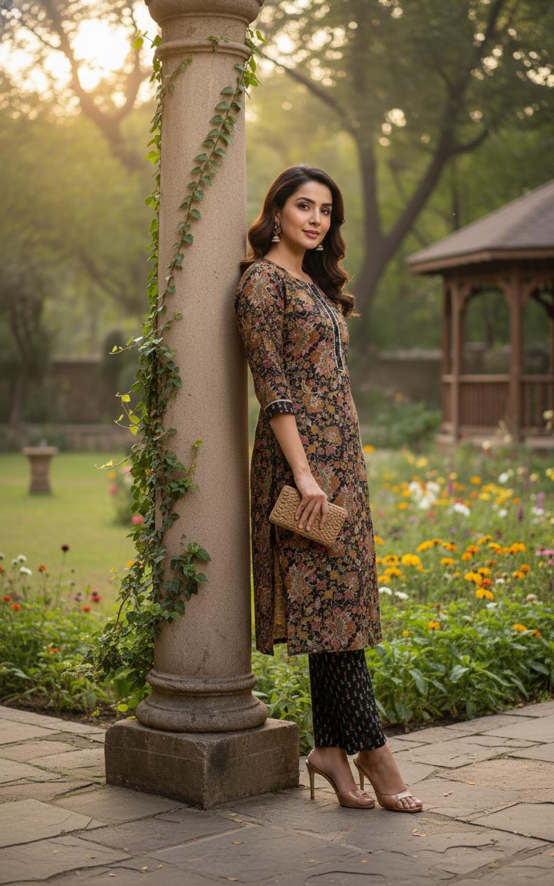 Elegant Black Floral Printed Straight Kurta Set