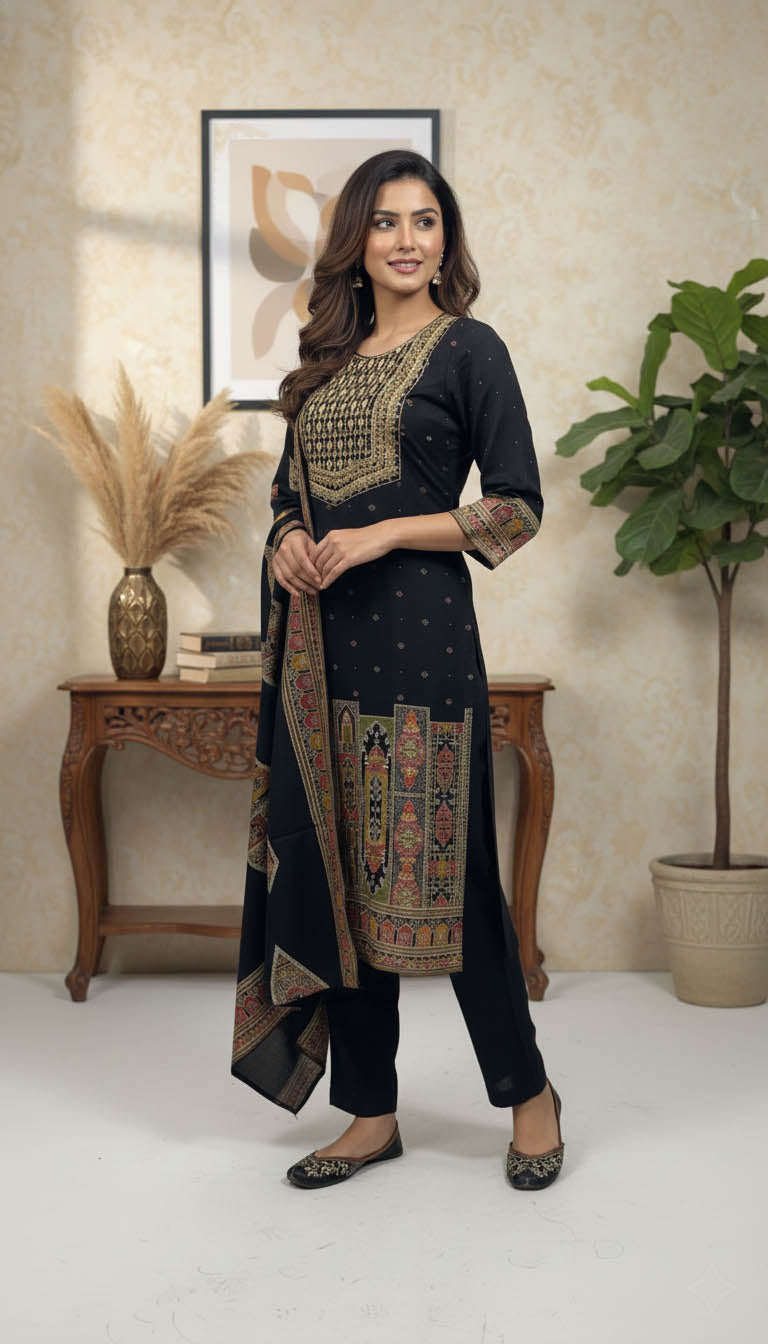 Elegant Black Ethnic Kurta Set with Intricate Printed Borders & Dupatta