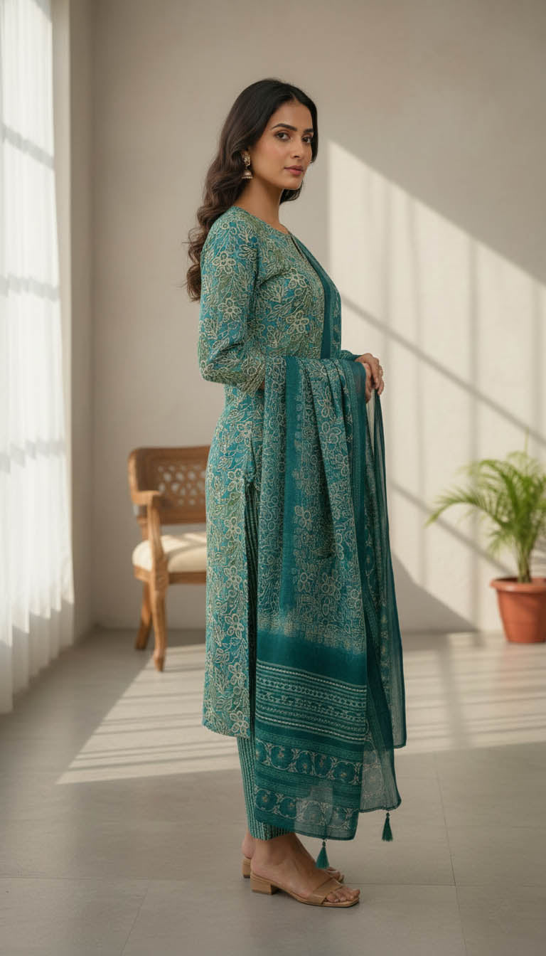 Turquoise Rayon Printed Kurta Set with Dupatta