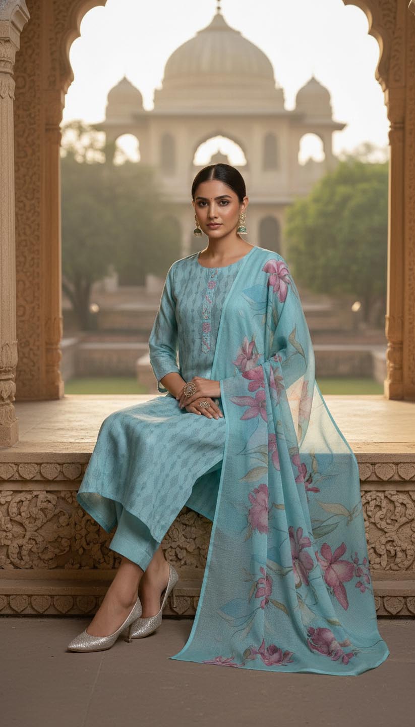 Aqua Embroidered kurta with pant and dupatta