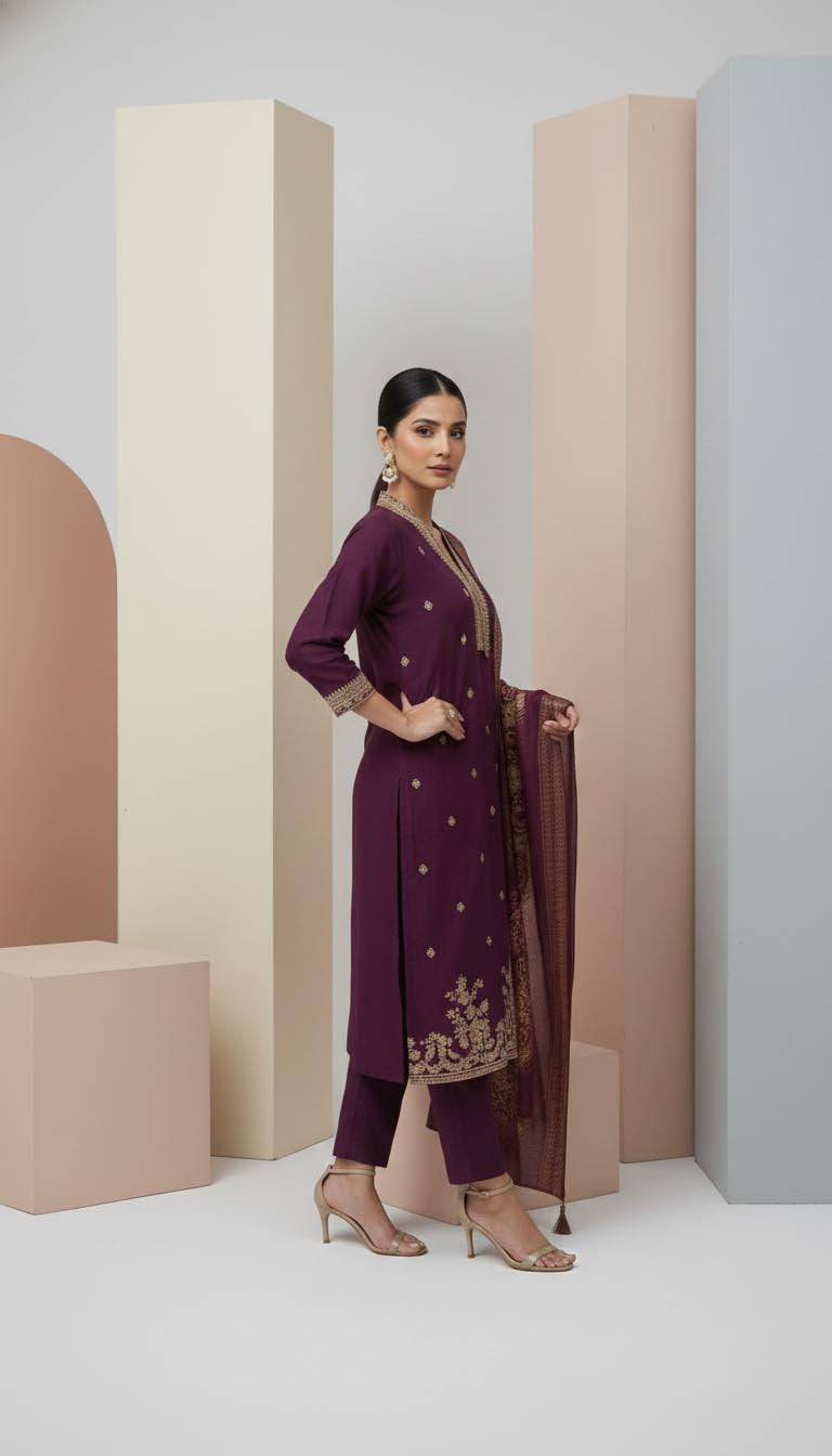 Purple Embroidered Kurta  Set with Banarasi Dupatta