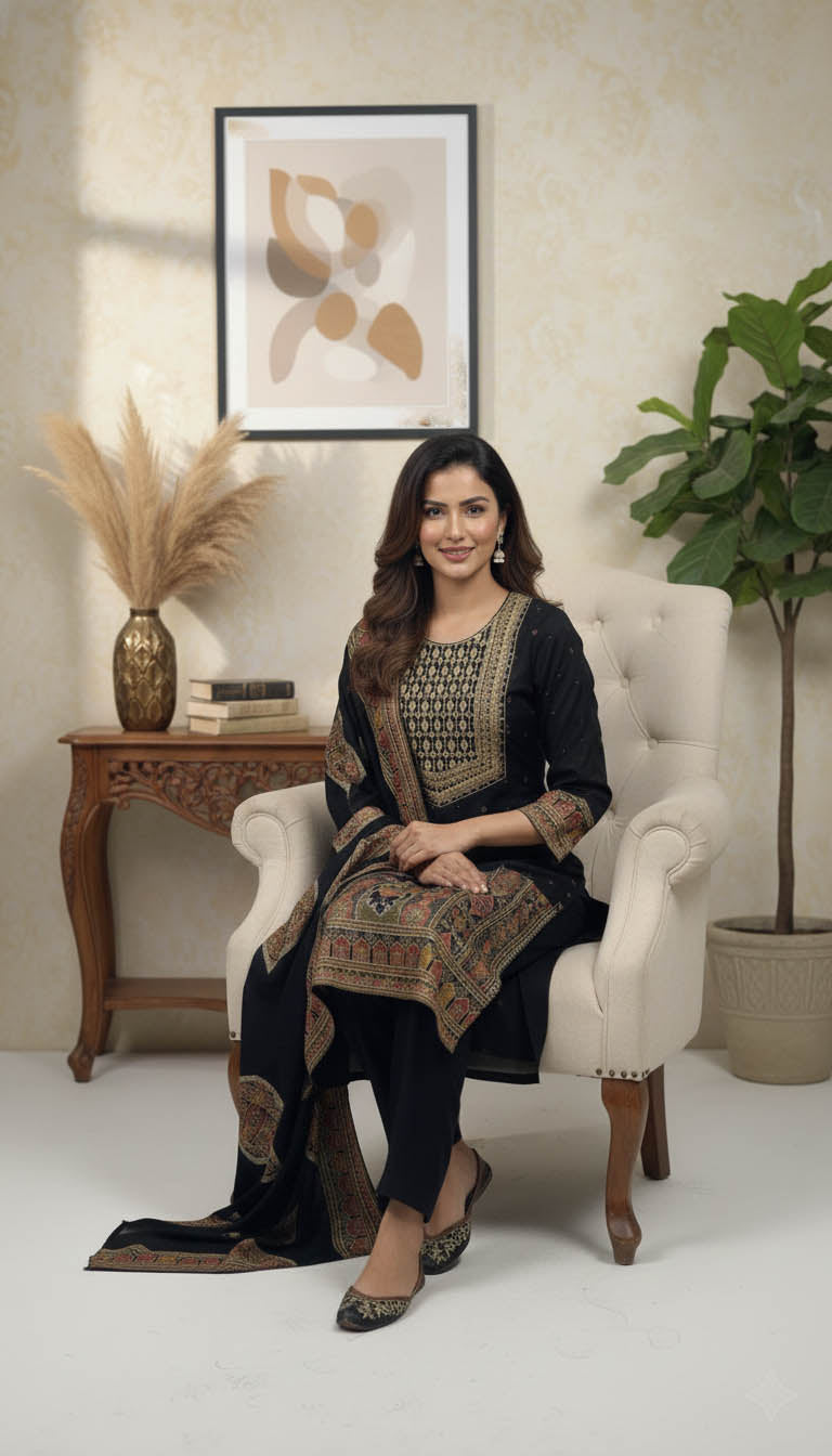 Elegant Black Ethnic Kurta Set with Intricate Printed Borders & Dupatta