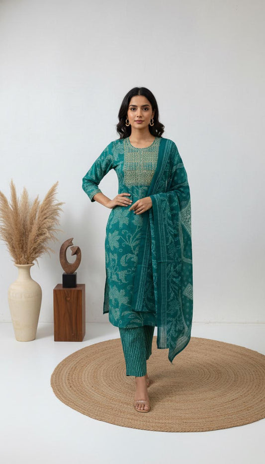 Turquoise Printed Cotton Straight Kurta Set with Dupatta