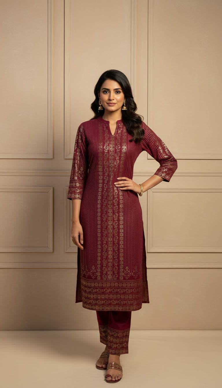 Royal Maroon Velvet Kurta Set with Gold Foil Print