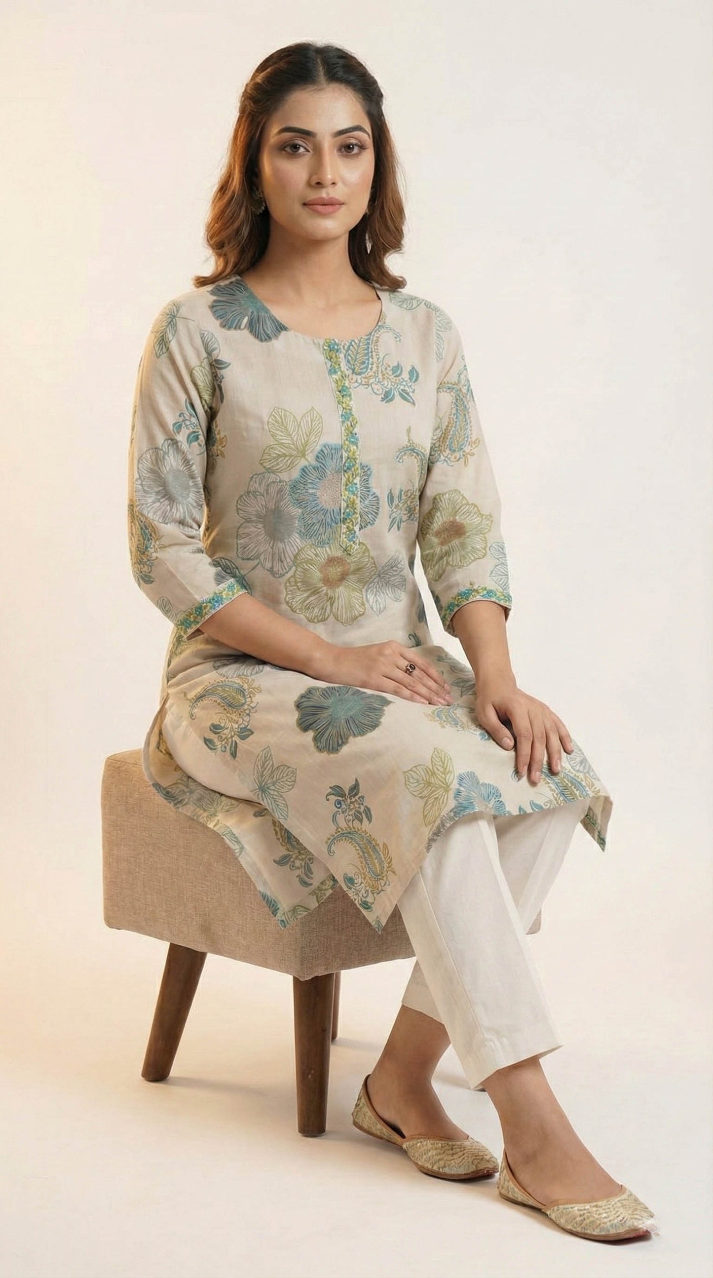 Turquoise blue Vatican Floral Print Straight Kurta With pant