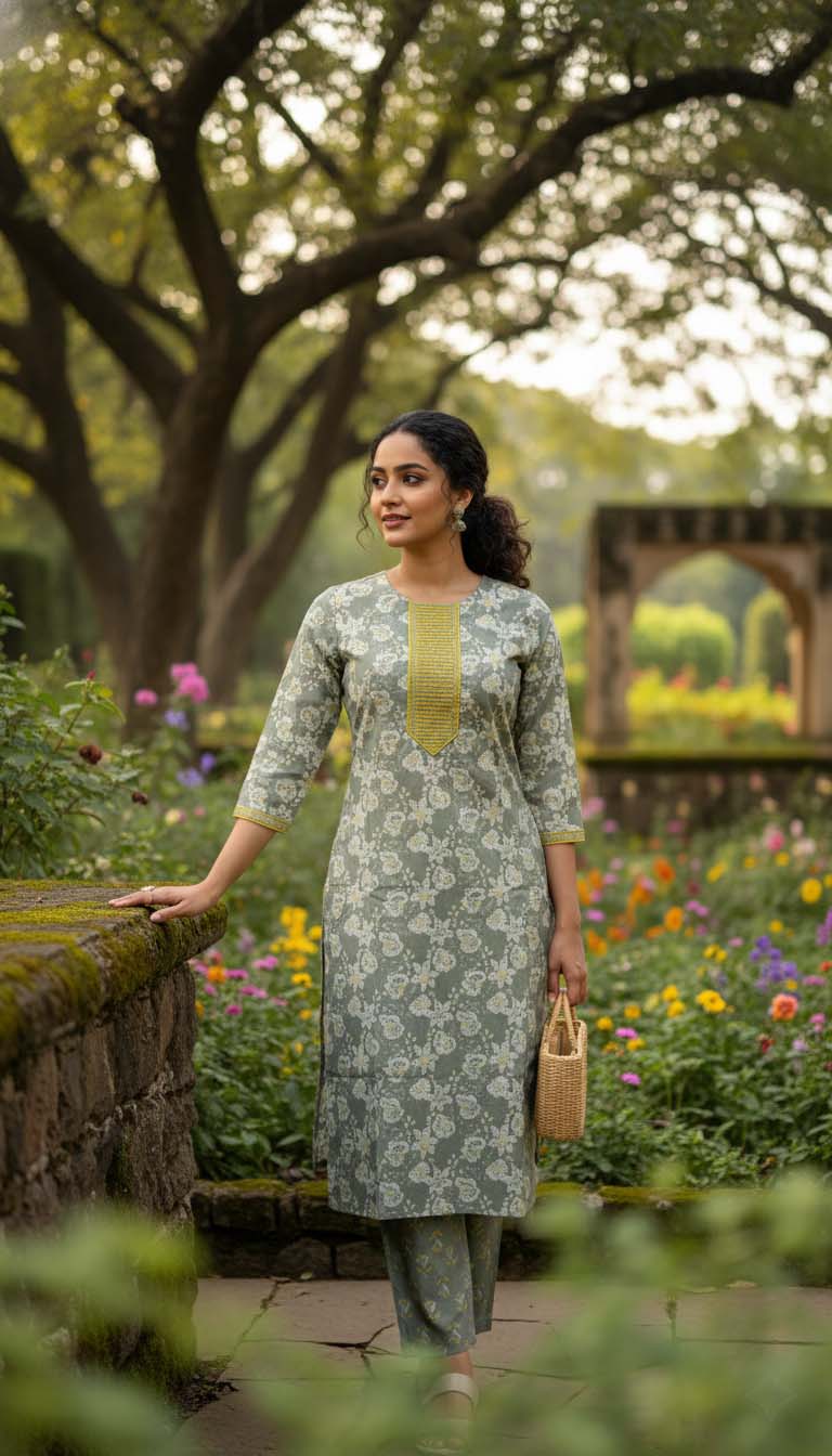 Elegant Grey Floral Kurta Set