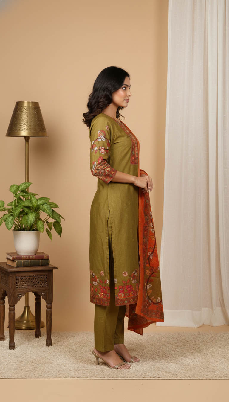 Olive Green Muslin Kurta Set with Hand Work & Printed Dupatta